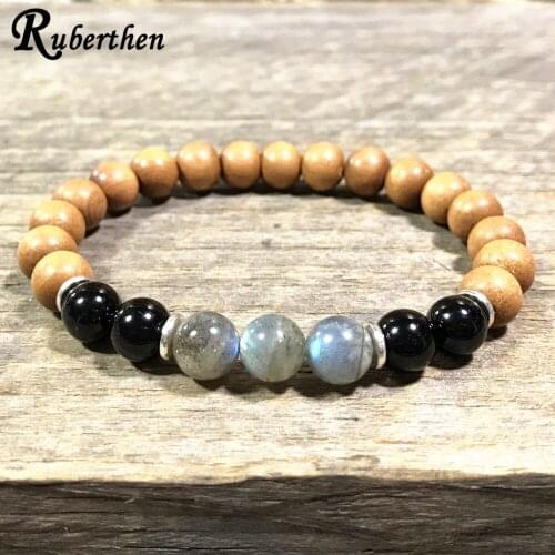 Ruberthen New Design Black Tourmaline Sandalwood Bracelet Labradorite Handmade Yoga Bracelet Spirituality Meditation Jewelry