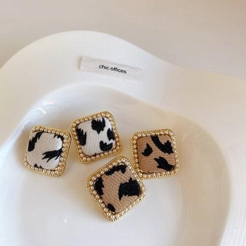 TARCLIY Vintage Trendy Geometric Square Leopard Print Fabric Stud Earring Imitation Pearl Simple Women Temperament Jewelry