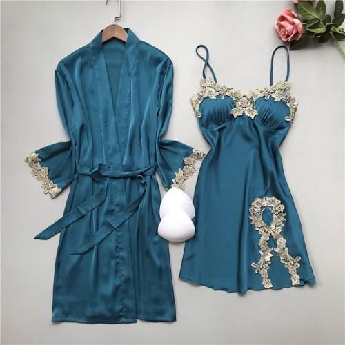 Peacock Blue Satin Kimono Bathrobe Gown Sexy Lace Trim V-Neck Wedding Robe Set Summer Women Nightgown Sleepwear Loose Homedress