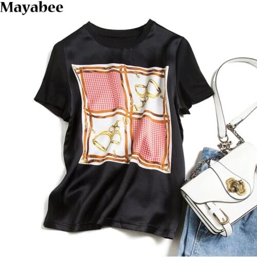 Heavy New Spring Summer Mulberry Silk T Short Shirt Top Western Style 2021 Woman Printing Satin Casual