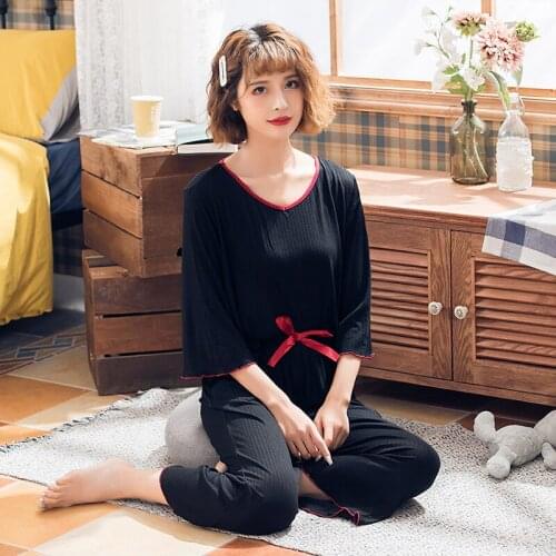 Spring Autumn Fashion Wide Leg Pants Female Two Piece Suit Knitted Pajamas Women V-Neck Three Quarter Pajama Set Home Clothes
