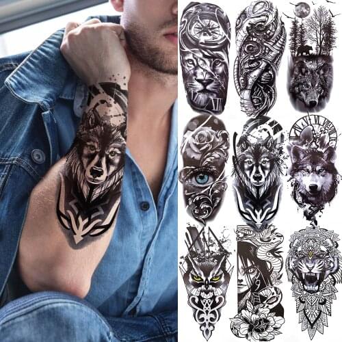 Lion Wolf Tiger Owl Snake Temporary Tattoo Black Forest Demon Eye Tatoos Sticker For Men kids Women Fake Tribal Totem DIY Tattoo