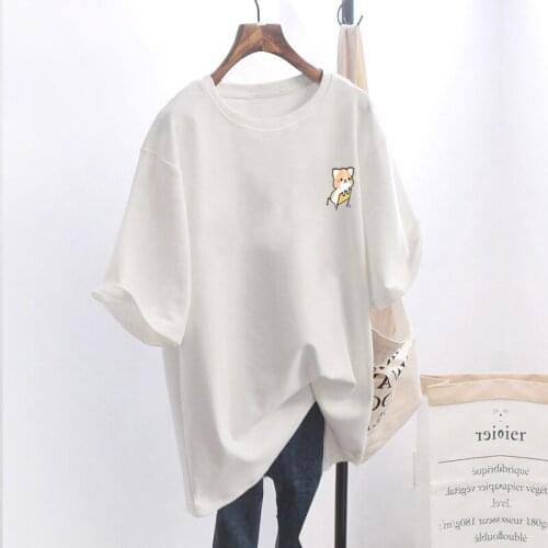 Cartoon Graphic Tee White Pink Casual Loose Woman Tshirts Short Sleeve Oversized Ladies Tops Long 2021 Fashion Summer Clothing