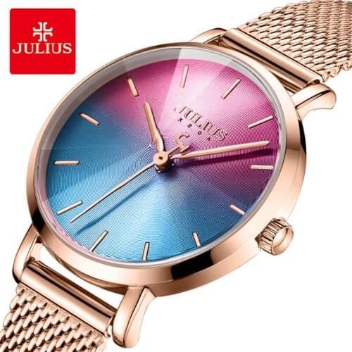 Julius Ladies Creative Gradient Dial Watch For Women Stainless Steel Mesh Band Dress Watch Rose Gold Ultra Thin Watch With Box