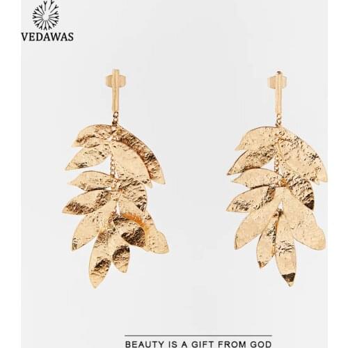 Vedawas 2021 ZA Leaf Drop Earrings for Women Trendy Metal Gold Color Flower Feather Hanging Drop Earrings Jewelry Party Gifts