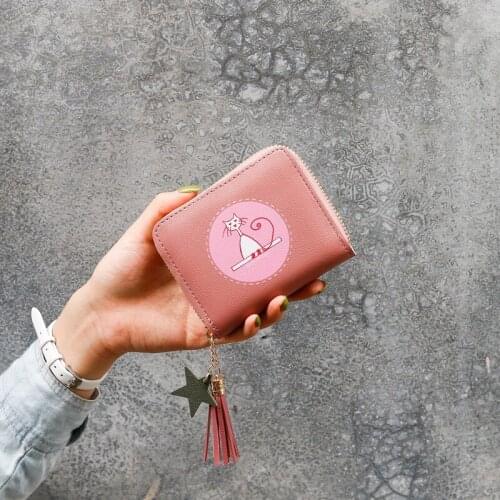 Womens Wallet Tassel Zipper Coin Purses Female Short Cartoon Cat Cute Card Holder Ladies Hot Sale Solid Color Mini Clutch Bag