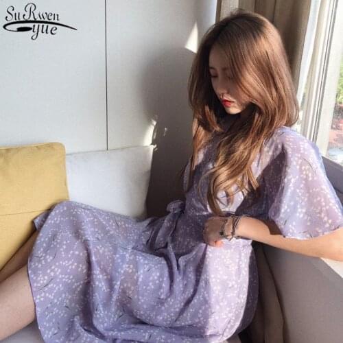 2021 Summer Dress for Women Flare Short Sleeve Women Print Dresses Vestidos Chiffon Party Dresses Female Dress with Purple 8946