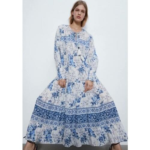 2020 New Vintage Floral Summer A-Line Long Sleeve Spring Fall Elegant Retro Maxi Boho Dress Women Vacation Vestidos