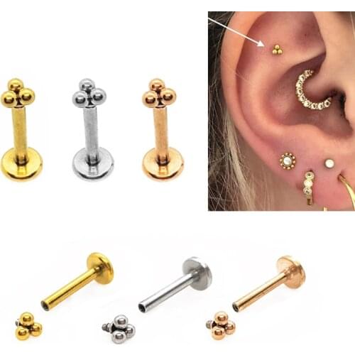 1pc Stainlesss Steel trinity besd internally threaded Labret Piercing/ 16g triangle tragus forward helix flat back earring