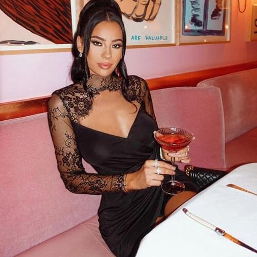 2020 New Summer Dress Black Lace Sexy Hollow Out Solid Bodycon V Neck Fashion Good Quality Mini Club Wholesale Dropshipping