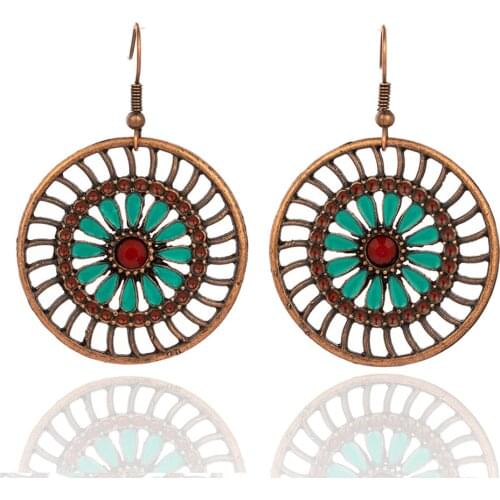 Bohemian double round circle dangle earrings for women Ethnic boho vintage hollow sunflower drop earring fashion jewelry gifts