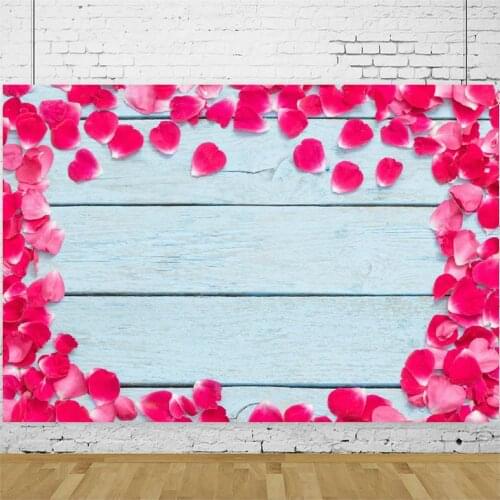 Planks Backdrop Blue Wooden Board and Roses Petal Photography Background Holiday Celebration Photo Booth Studio Decor
