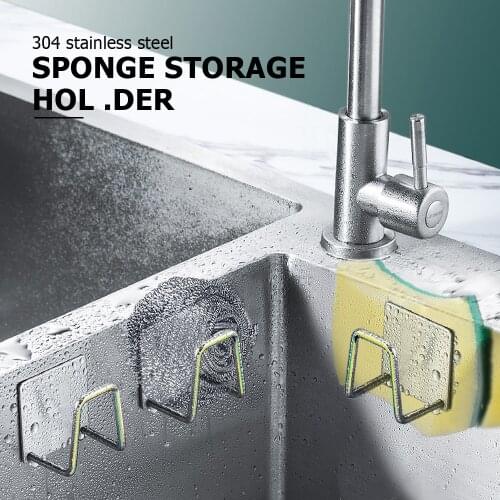 Stainless Steel Sponge Holder for Kitchen Self Adhesive Sink Drain Drying Rack Hooks Bathroom Accessories Storage Organizer
