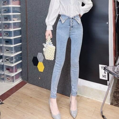 Design Crystal High Waist Single Breasted Skinny Jeans Women Elastic Denim Pencil Pants Female High Street Push Up Sexy Jeans