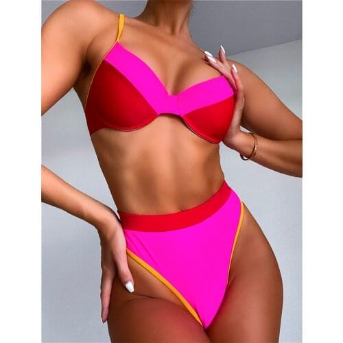 French sexy girl tanga bikini Womens Sexy High Cut Contrast Color Stitching Bikini Set One Piece Swimsuit Lively beach suit F4