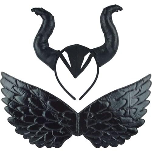 Halloween Cosplay Maleficent Witch Horns Hat Headwear Mask Headgear Helmet Party Black Fashion Feather Fairy Angel Wings