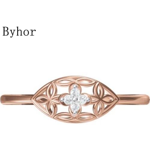 Byhor Solid 14K White+Rose Gold 0.032ct H/SI Natural Diamonds Fine Jewelry Trendy Wedding Band Diamond flower кольца Women ring
