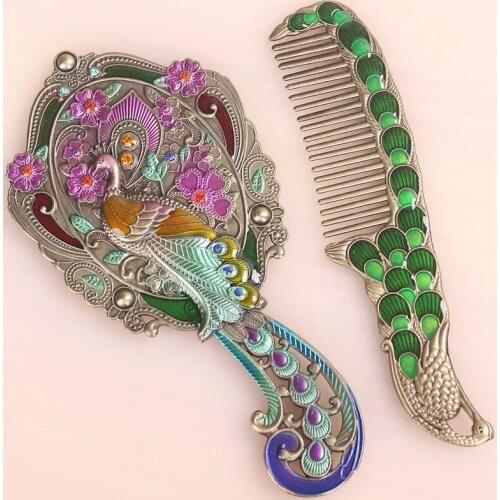Bathroom Portable Mirror & Comb Set Antique Carved Folding Exquisite Gift Box Packaging Birthday Wedding Present Zinc Alloy