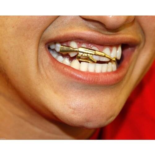 Hip Hop Ak-47 Grills Top Grill Double Cap Teeth Gold/Silver Plated Tooth Gun Shape Removeable Grills Top Teeth Body Jewelry