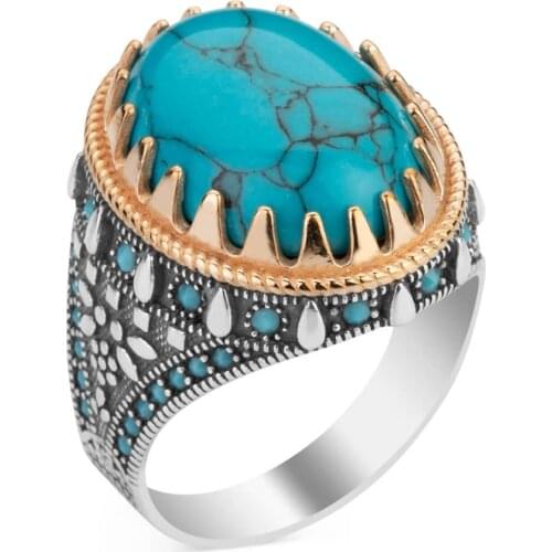 Fashion Mens Natural Turquoise Ring Vintage 925 Silver Gold Plated Ring Punk Biker Party Band Jewelry