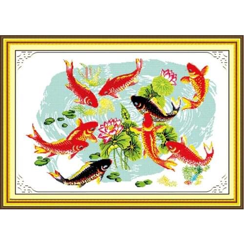 Joy sunday Night fishes play with lotus Animal Series 11CT14CT DIY cross stitch Needlework counted crafts cross stitch kit