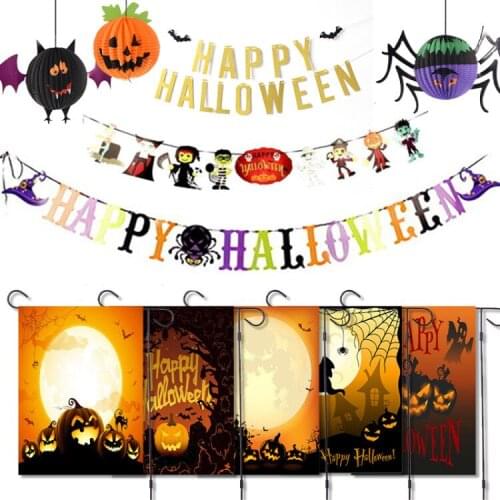 Happy Halloween Letters Pumpkin Decor Banner Bat Wall Stick A Garden Flag Stickers Warning Tape Halloween Decorations YK81