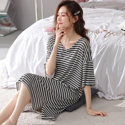 Striped Nightgowns Women Print Soft Modal Cotton Fashion Female Long Sleepwear Sexy V-Neck Summer Home Short Sleeve Lounge Gift