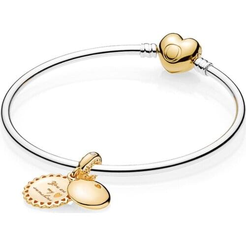NEW 100% 925 Sterling Silver Shine Sterling Silver Bangle with Heart Clasp New Sweet Love Heart Golden Pendant Bangle Set