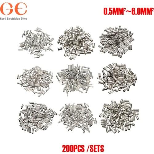 200Pcs Tin-coated Copper Material Uninsulated Terminal 0.5mm2-6.0mm2 Bootlace Ferrules Cord End Electrical Cable Crimp Connector