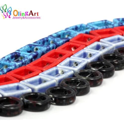 OlingArt 16mm 12Pcs/lot Leather clasps Ceramic square Double hole beads New Hot Sale Multicolor mixing DIY Jewelry making