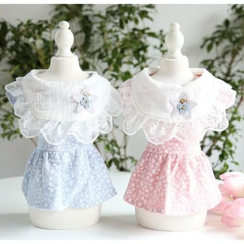 Round Neck Pink Blue Colors Dog Dresses with Small Flower Lace Design Pet Dress Dog Cat Dress Dog Pet Clothes