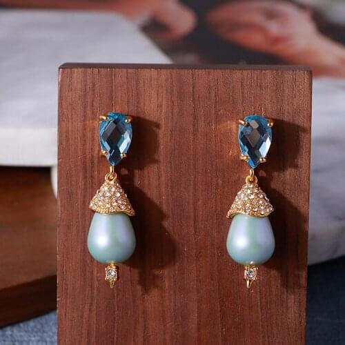 European and American dream blue crystal gem inlaid with drop pearl elegant temperament lady earrings