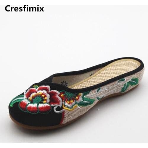 Cresfimix women cute chinese traditional embroidery slippers lady casual floral print retro outdoor slipper shoes cute slippers
