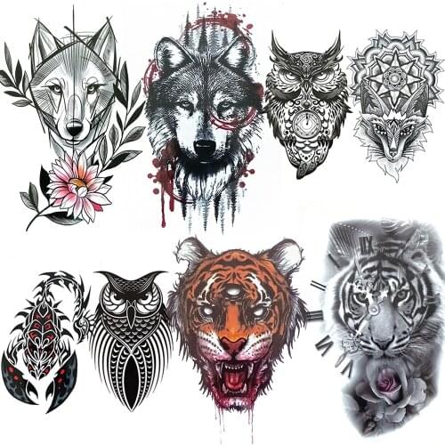 Tribal Wolf Temporary Tattoos Sticker For Men Women Realistic Fake Tatoo 3D Holwing Tiger Scorpion Owl Wolf Tattoo Watertransfer