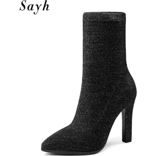 2020 Winter Women Shiny Ankle Boots 10CM High Heels Pointy Toe Stretch Boots Shoes Size Plus 34-45