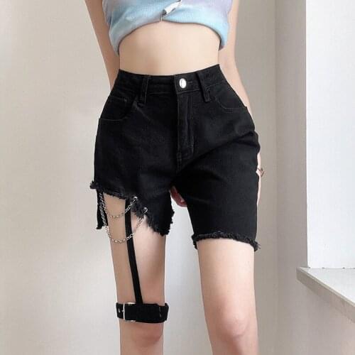High Waist Women Denim Shorts 2021 Spring Summer Short Jeans Woman Plus Size Femme Punk Girls Shorts With Chain