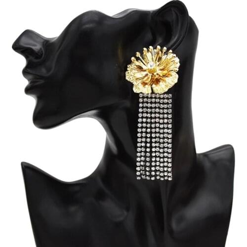 Gold Metal Long Tassel Flower Earrings Crystal Rhinestone korean Vintage Big Flower Drop Earring For Women Wedding Party Jewelry