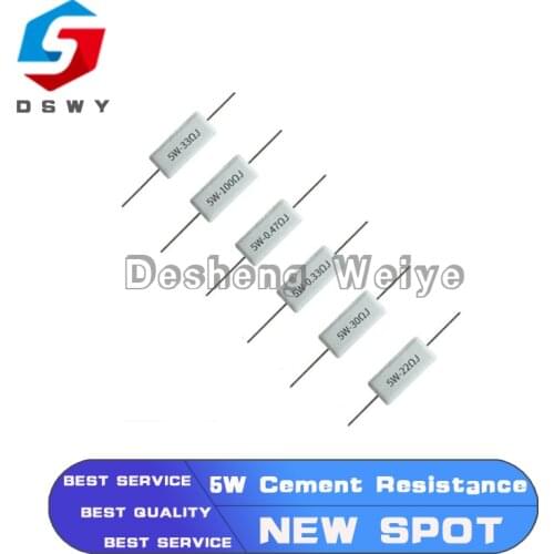 10Pcs 5W Cement Resistance 0.1 ~ 10k Ohm 5% 0.22 0.33 0.5 1 10 100 1K 10K Ohm 0.1R 0.22R 0.33R 0.5R 1R 10R 100R