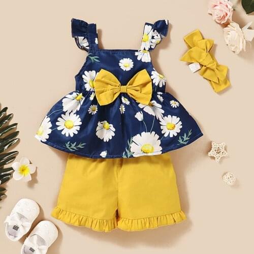 2021 Baby Summer Clothes Sets Toddler Kids Baby Girls Floral Tops T-Shirts+Shorts Pants Outfits Clothes Blue 1-4T