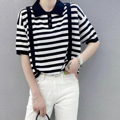 2021 Hot Sale Sale 20531 (4 3 Ranked No. 1) Not Make Web Celebrity Figure Square Collar Stripe Short-sleeved Sweater [2000] 33