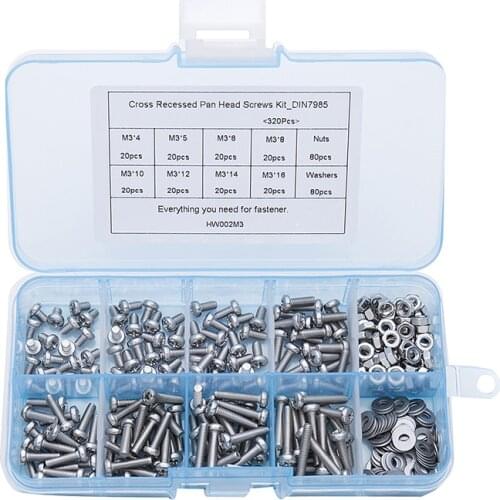 320Pcs/set M3 DIN7985 GB818 Cross Recessed Pan Head Screws Phillips Screws Assortment Kit