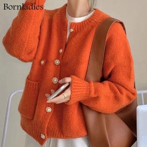 Bornladies Vintage O-neck Soft Warm Loose Women Knitted Cardigans Elegant Full Sleeve Single-breasted Female Sweaters Tops 2021