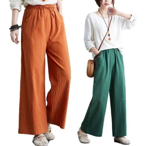 2021 Spring New Literary cotton and linen womens trousers loose large size wide leg elastic waist tethers mopping straight pant
