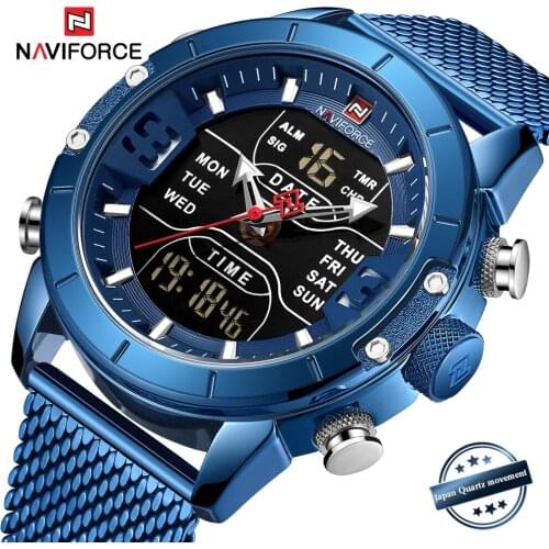 NAVIFORCE Men Watches Blue Steel or Leather Watch Top Luxury Brand Man Military Sport Quartz Wrist Watches LED Digital Clock