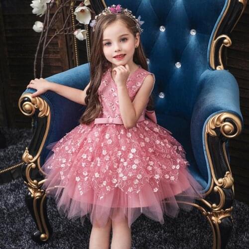 Kids dresses for girls Flower embroidery tutu Kids Clothing Elegent beading Girls Dresses for Children Princess Party Custumes