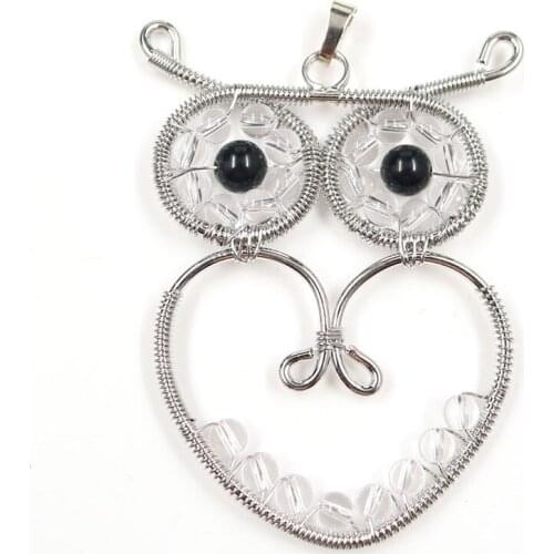 FYSL Silver Plated Wire Wrap Wisdom Owl Shape Rock Crystal Pendant Rose Pink Quartz Animal Jewelry