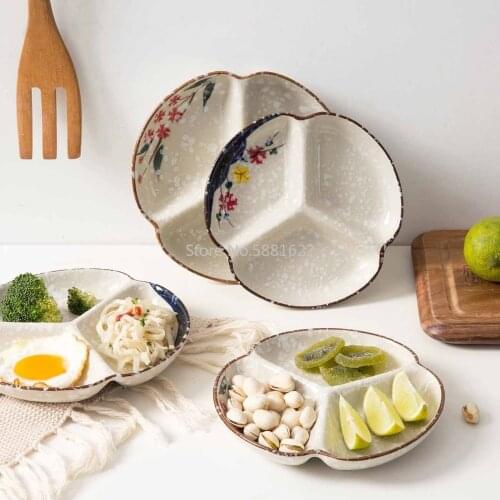 3 Grid Underglaze Ceramics Plate Creative Splitter Household Tableware Breakfast Plate Dinner Plate Fruit Salad Sushi SnacksTray