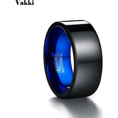 VAKKI 10mm Classic Black Blue Tungsten Carbide Rings for Men Wedding Bands Polishing Tungsten Steel Ring