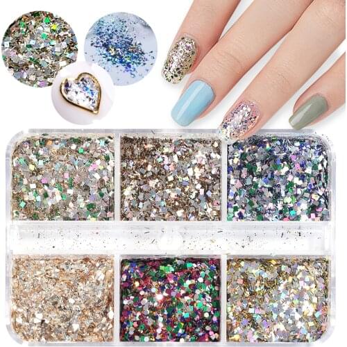 Monja 6 Grids/Box Nail Art Charms Colorful Round Shape Sequins Glitter Powder 3D Shiny Flakes DIY Tips Manicure Decorations