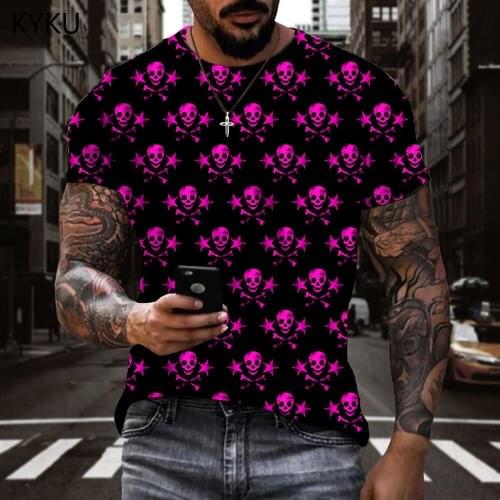 KYKU Skull T-shirt Men Funny Shirt Print Bone Tshirts Casual Harajuku Funny T shirts Mens Clothing Punk Rock Cool Streetwear